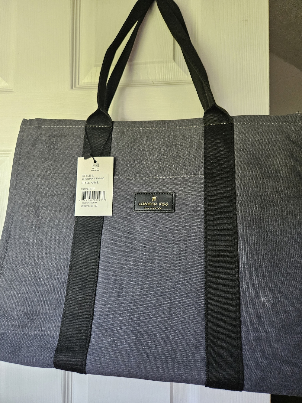 London Fog Navy Canvas Duffel Tote with Black Straps